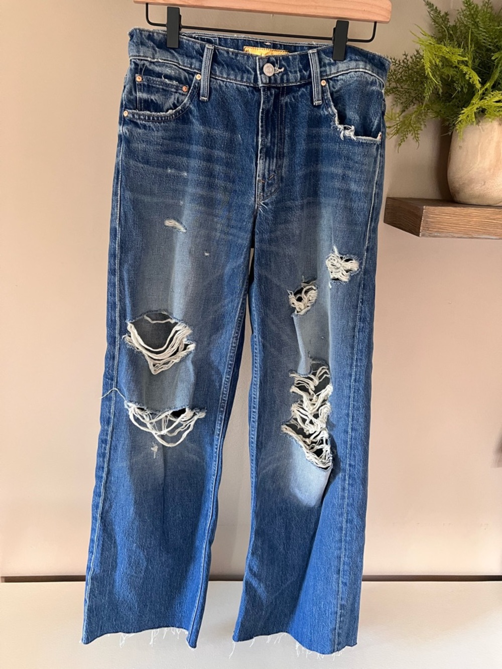 Mother The Down Low Spinner Heel Ripped Low Rise Wide Leg Jeans